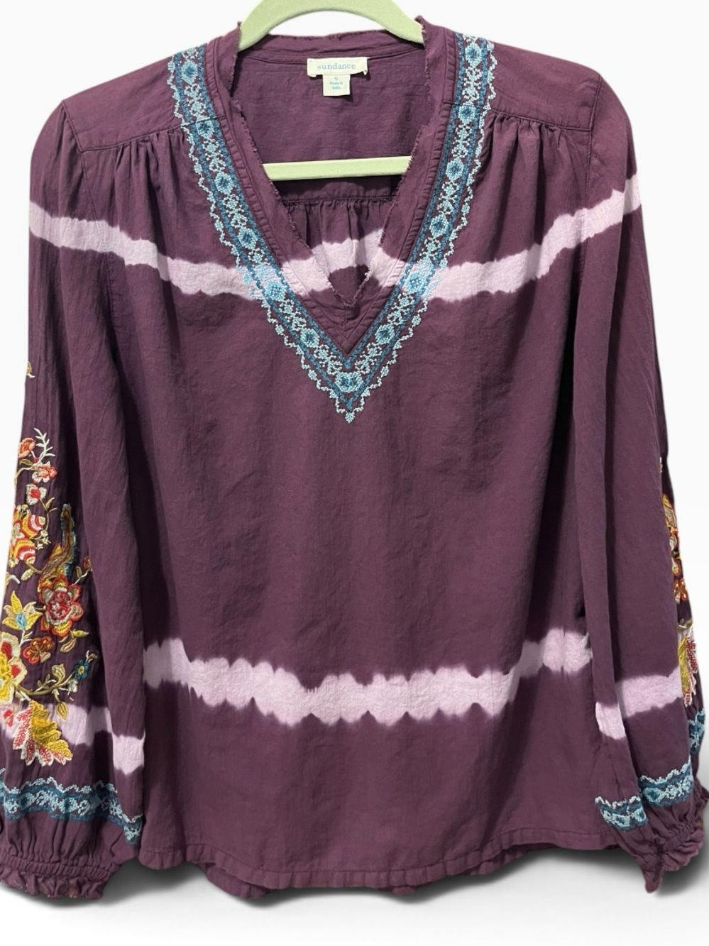 SUNDANCE Boho Purple Tie Dye V Neck Embroidered Sleeve Detail Top Size Small